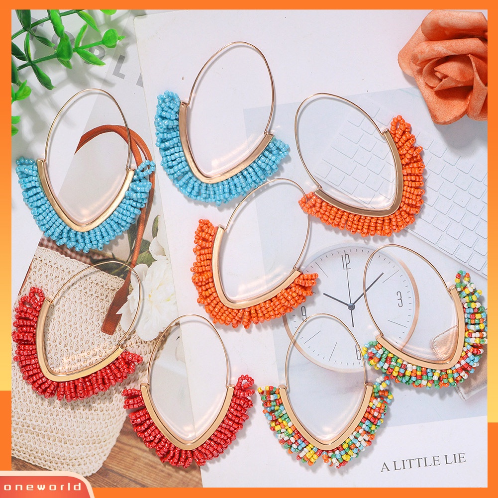 [WOD] Bohemian Wanita Manik-Manik Rumbai Geometris Menjuntai Kait Anting Liburan Perhiasan Hadiah