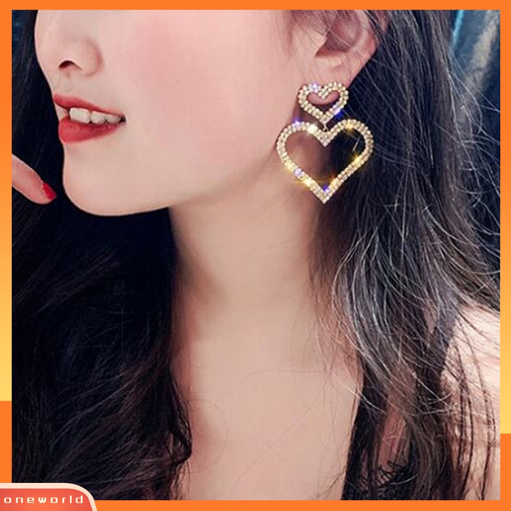[WOD] Wanita Elegan Berlian Imitasi Jantung Teardrop Menjuntai Ear Drop Earrings Perhiasan Pesta