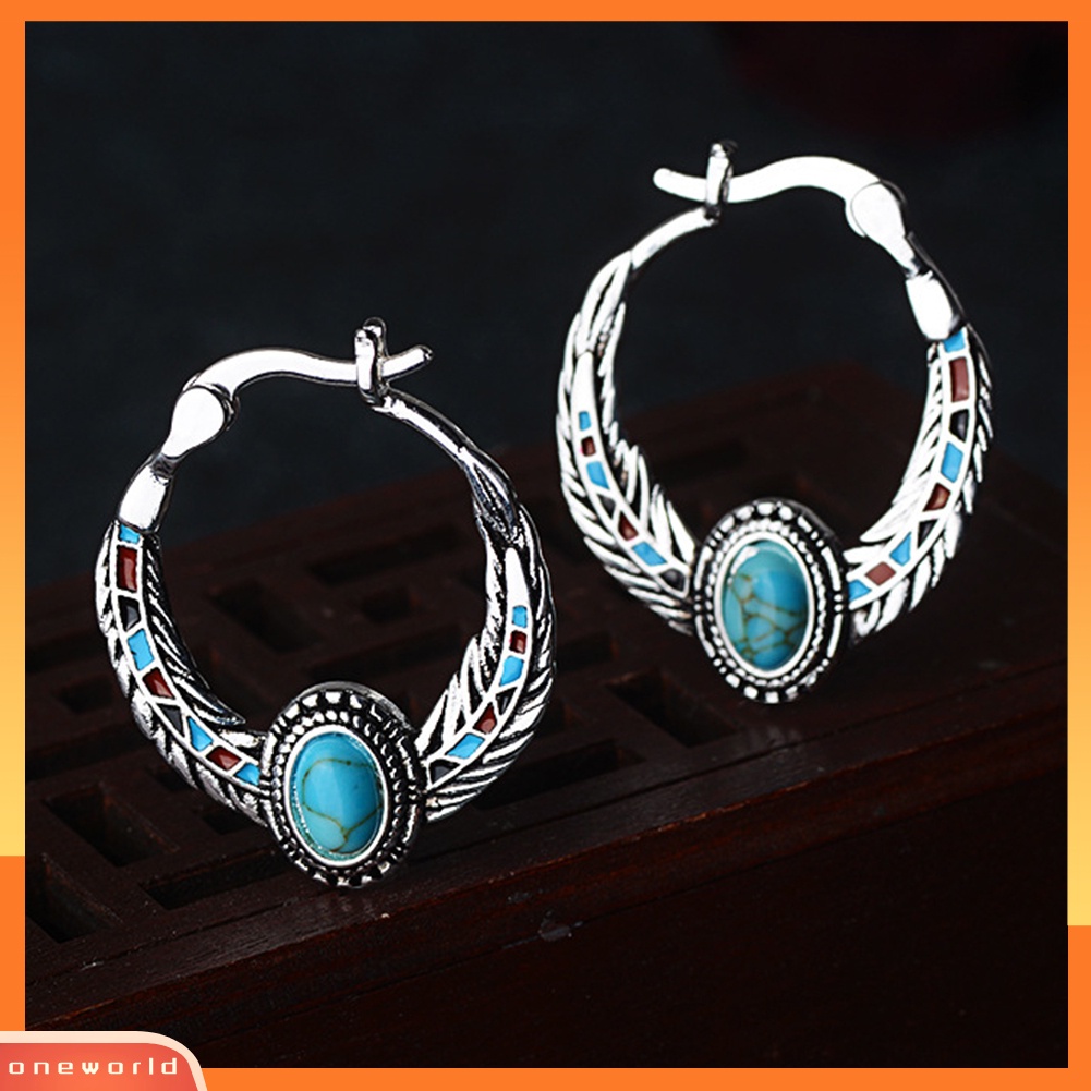 [WOD] Bohemian Wanita Faux Turquoise Eagle Feather Ukir Huggie Anting Perhiasan Decor