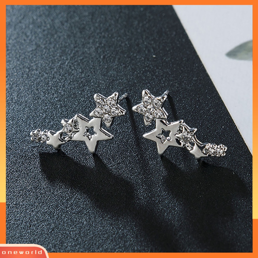 [WOD] 1pasang Anting Pejantan Wanita Bentuk Bintang Berlian Imitasi Mengkilap Tahan Lama Lady Earrings Female Ear Decor