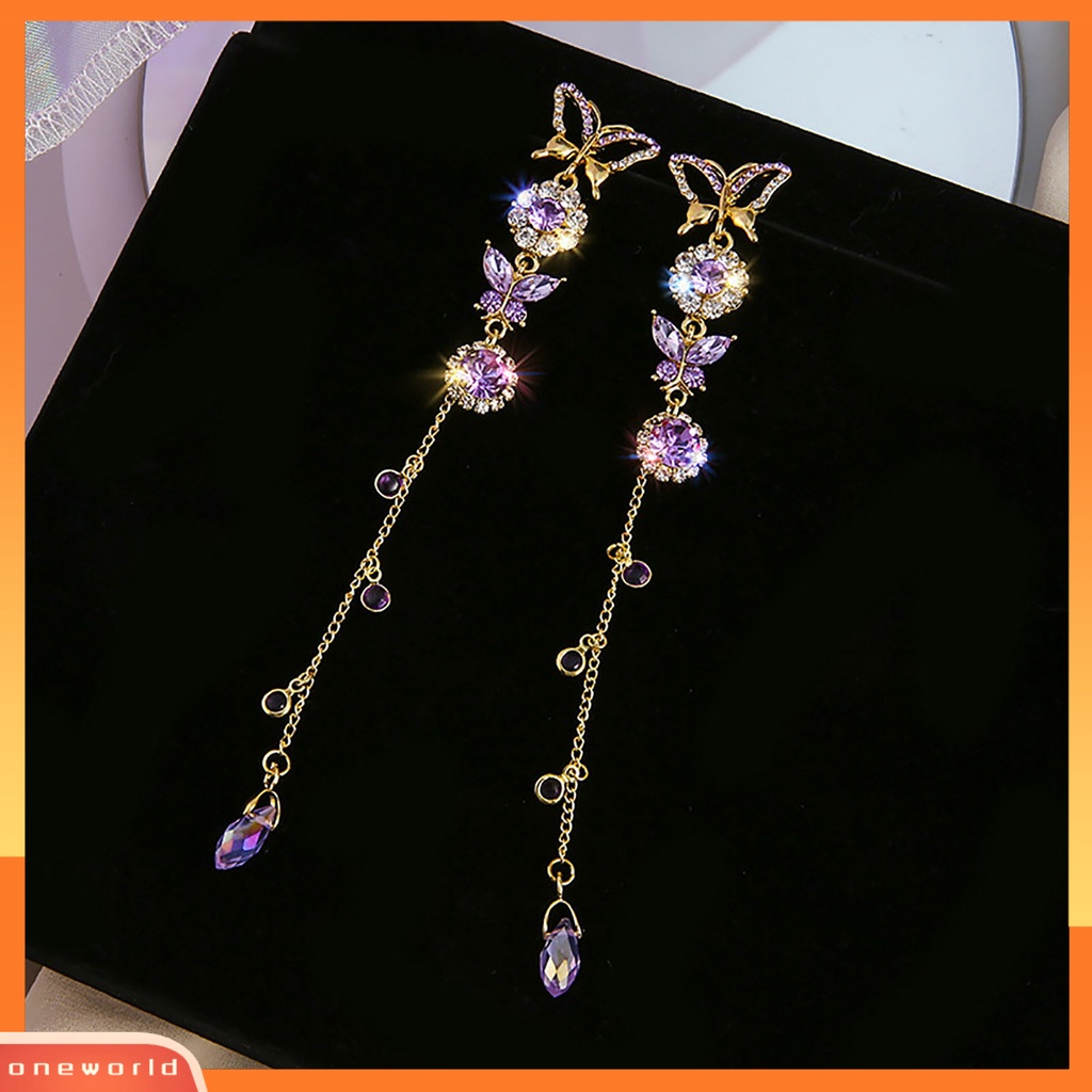 [WOD] 2pcs /Set Anting Elegan Butterfly Alloy Ungu Kristal Imitasi Menjuntai Drop Untuk Anniversary