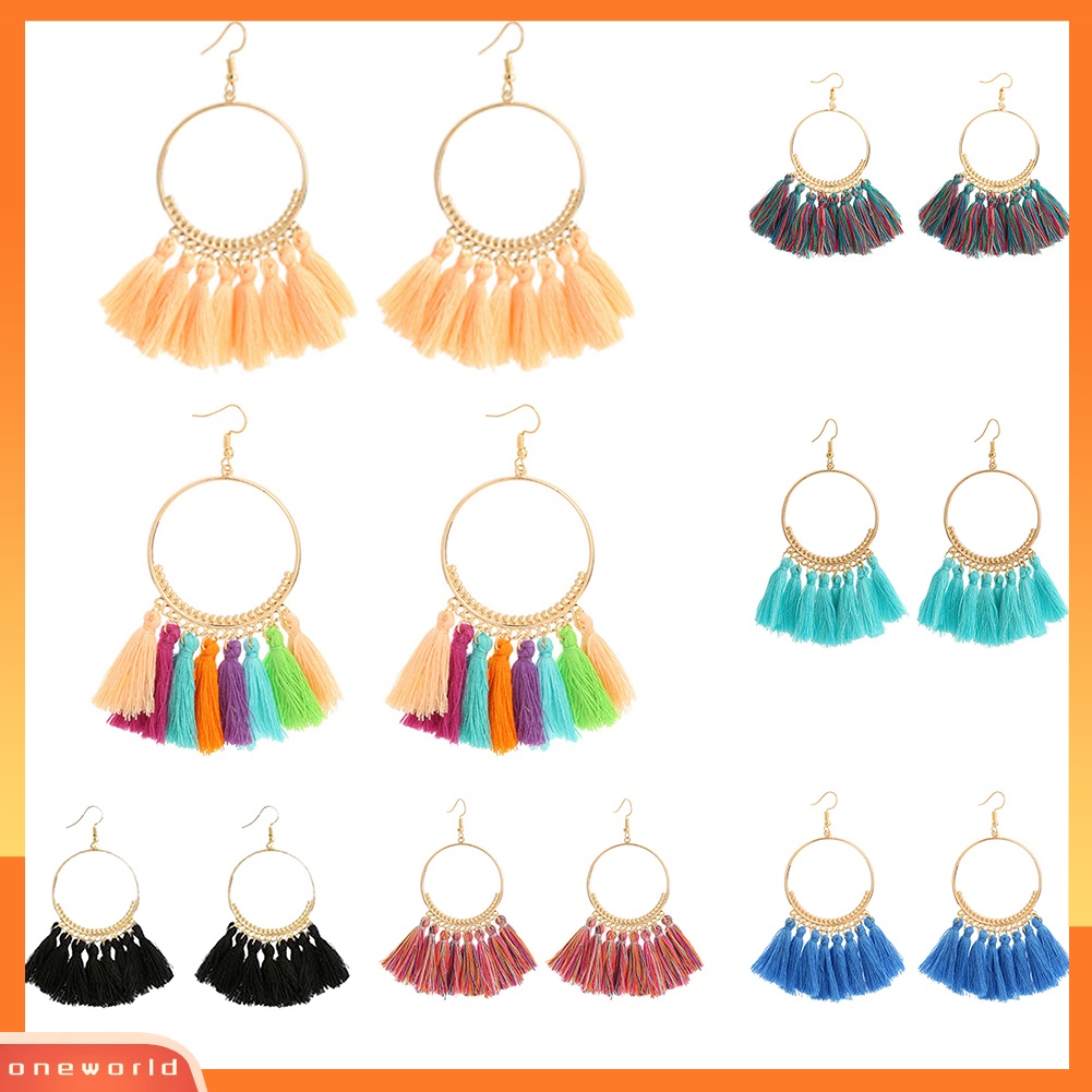 [WOD] Wanita Vintage Boho Besar Hoop Panjang Rumbai Fringe Menjuntai Kait Anting Perhiasan