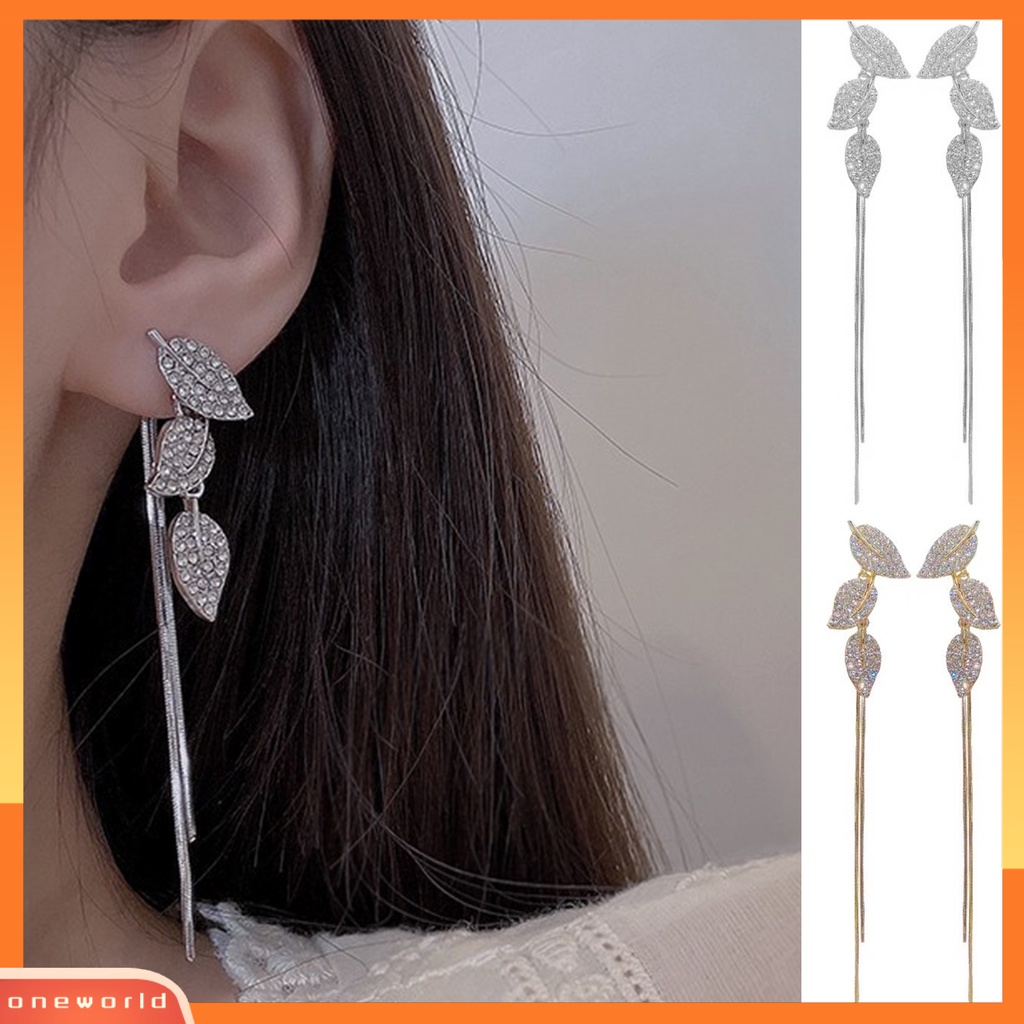 [WOD] 1pasang Anting Wanita Asimetris Mewah Mengkilap Bentuk Daun Rumbai Panjang Wanita Linear Earrings Prom Earrings