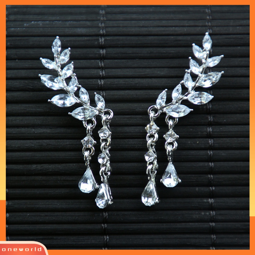 [WOD] 1pasang Anting Wanita Shiny Faux Crystal Alloy Bentuk Daun Berkilau Prom Earrings Perhiasan Perempuan