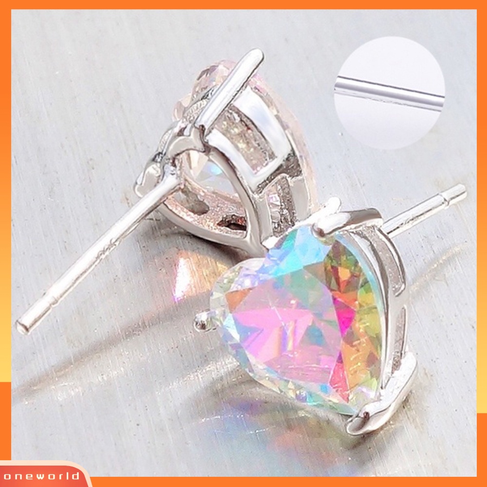 [WOD] Fashion Multi Warna Cubic Zirconia Heart Stud Earrings Wanita Pesta Perhiasan Hadiah