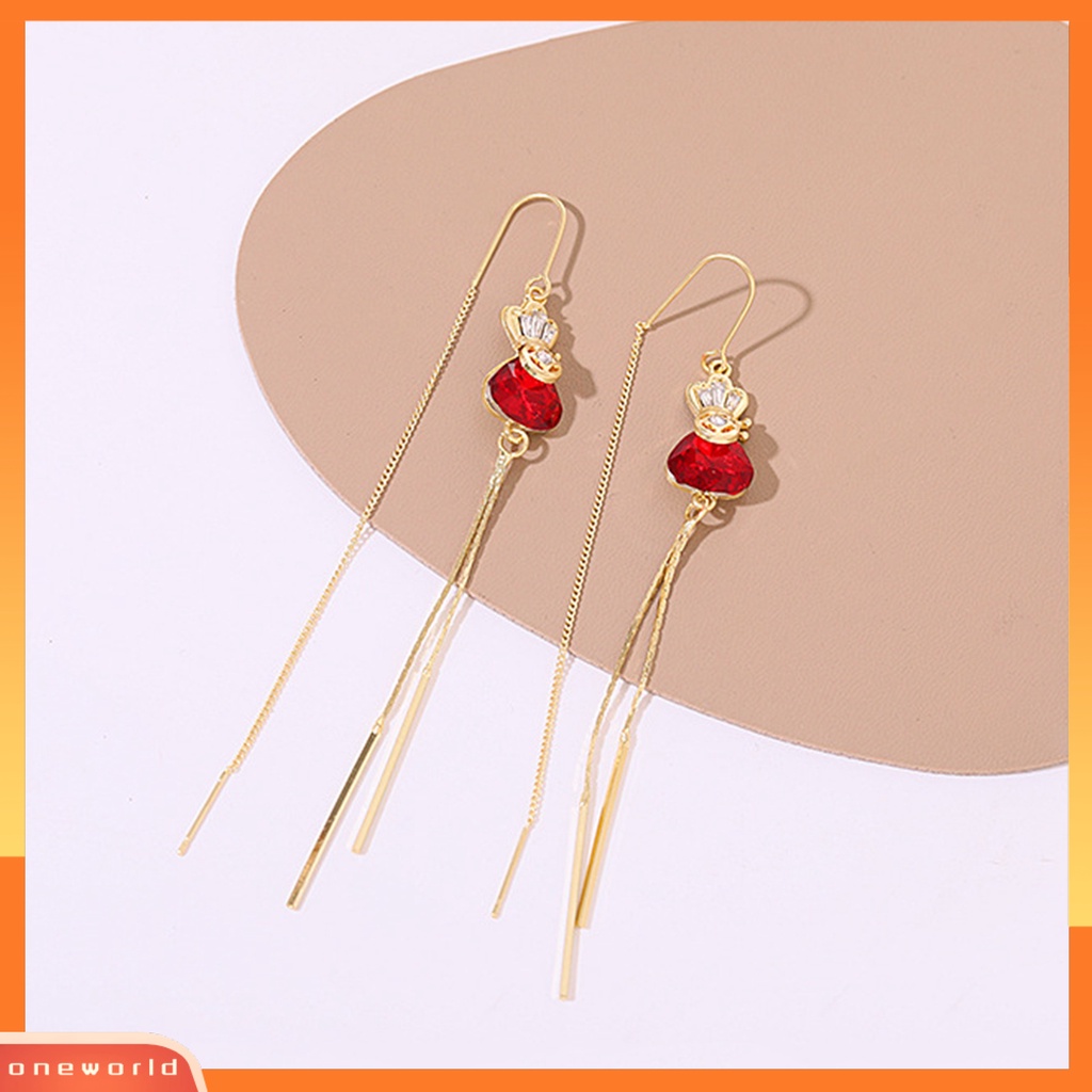 [WOD] 1pasang Anting Garis Telinga Tas Uang Rhinestones Perhiasan Merah Gaya Korea Anting Menjuntai Untuk Pernikahan