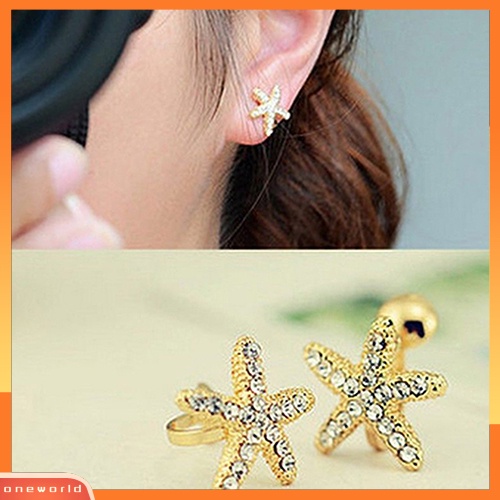 [WOD] Perhiasan Fashion Wanita Elegan Cinta Hati Bintang Laut Berlian Imitasi Stud Earrings Ear Clip