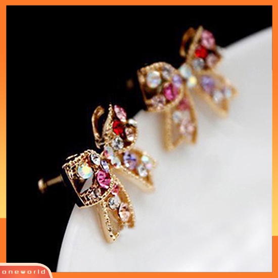 [WOD] 1pasang Wanita Berlian Imitasi Warna-Warni Ikatan Simpul Busur Telinga Studs Earrings Jewelry Charm