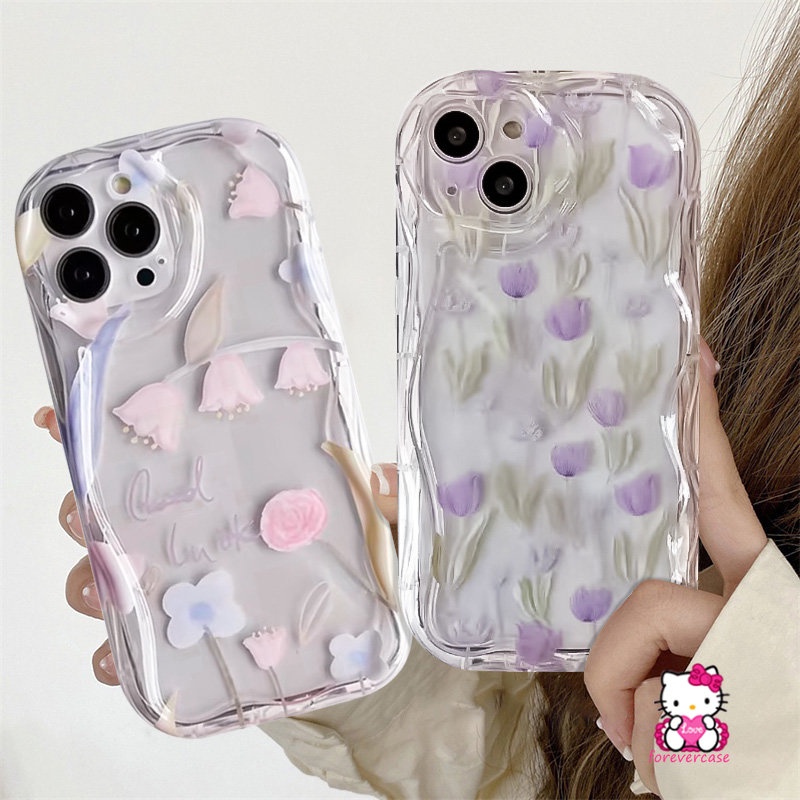 Soft Case Bunga Tulip Untuk Vivo Y36 Y12 Y15 Y02 Y21 Y35 Y12i Y31 Y17 Y22 Y16 Y15A Y51 Y20 Y33s Y12s Y30 Y21s Y20s Y15s Y11 Y91C Y20i Y91 Y21A Y2S Y50 Penutup Tepi Lengkung Bergelombang 3D