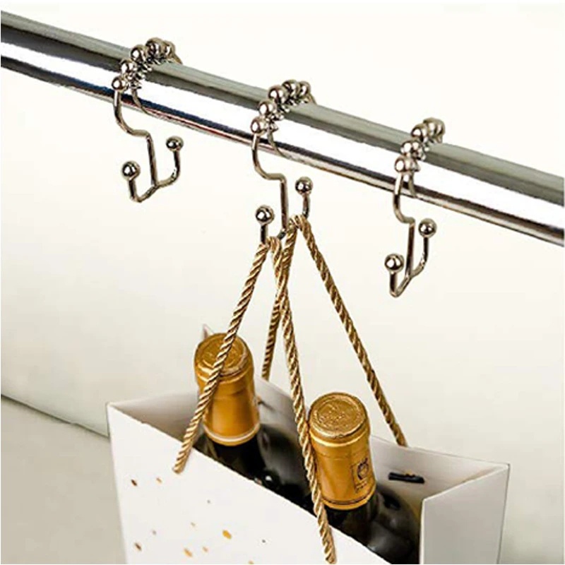 Pengait Shower Curtain Multifungsi Mudah Dipasang/Cincin Tirai Shower Anti Karat Untuk Dapur Kamar Mandi/Logam Tahan Lama Berkualitas Tinggi Double Glide Shower Curtain Bars Hook