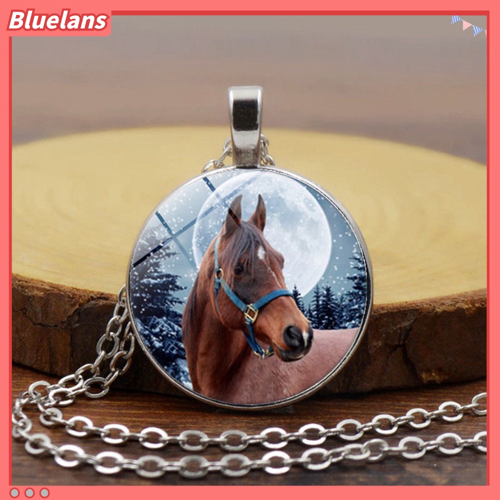[BLS] Winter Horse Cabochon Vintage Kaca Liontin Rantai Kalung Wanita Perhiasan Hadiah