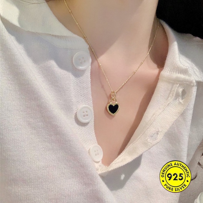 Kalung S925 Perak Dua Sisi Hitam Putih Peach Hati Ringan Mewah2023Baru U1748