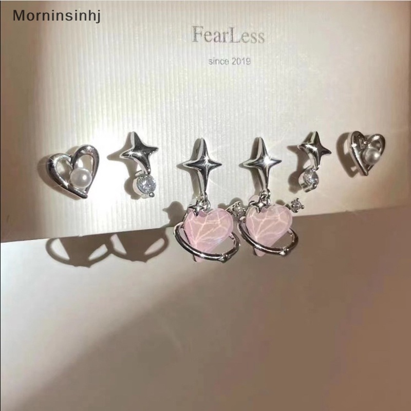 Mornin 6Pcs/set Pink Kristal Opal Peach Hati Salib Bintang Drop Anting Untuk Wanita Fashion Logam Cair Earrings Jewelry id