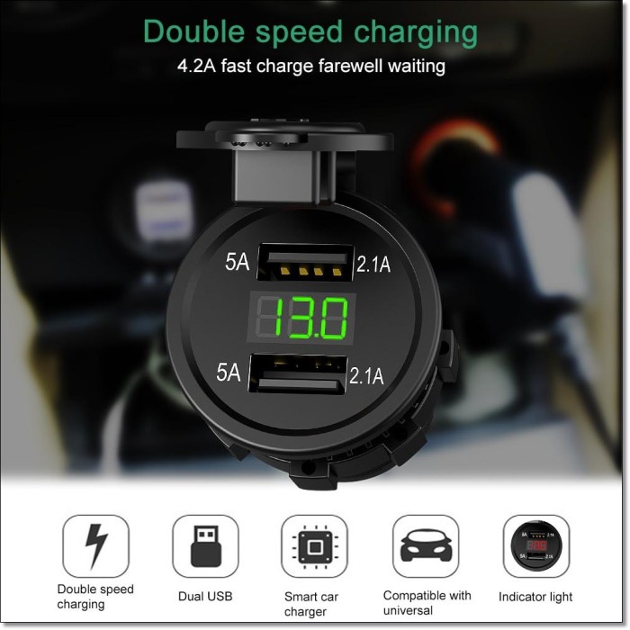 USB Charger Motor Mobil 2 Port 4.2A with LED Display Voltmeter - Y451