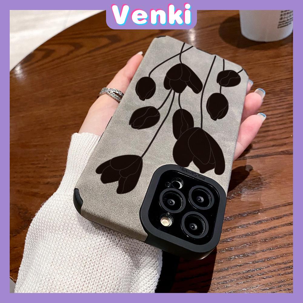 VENKI - Untuk iPhone 11 Case Leather Pupil Suede Case Soft Shockproof Case Camera Simple Black Flower Kompatibel dengan iPhone 14 13 Pro max 12 Pro max xr xs 7Plus 8Plus