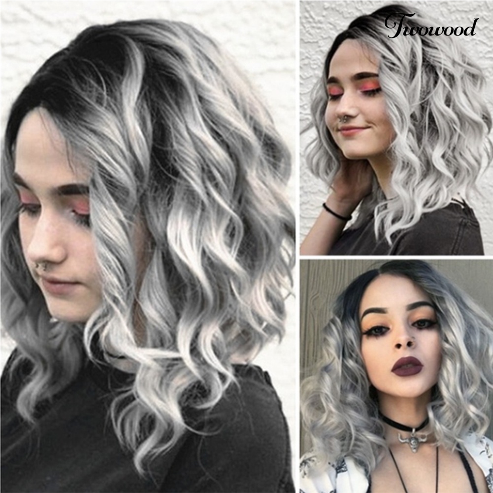 Twowood Gradient Grey Side Parting Curly Wig Wanita Panjang Bahu Cosplay Sopak