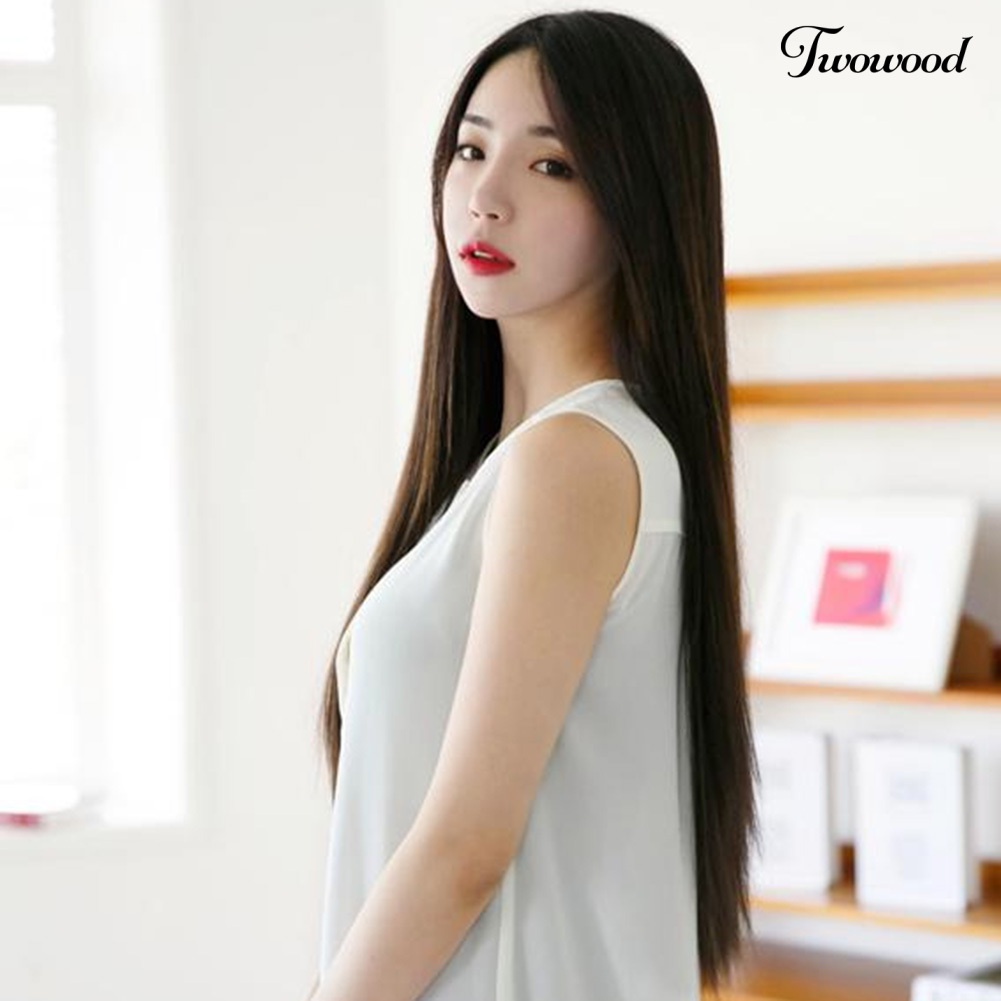 Twowood 26inch Fashion Wanita Hitam Panjang Lurus Wig Ada Poni Rambut Ekstensi Sopak