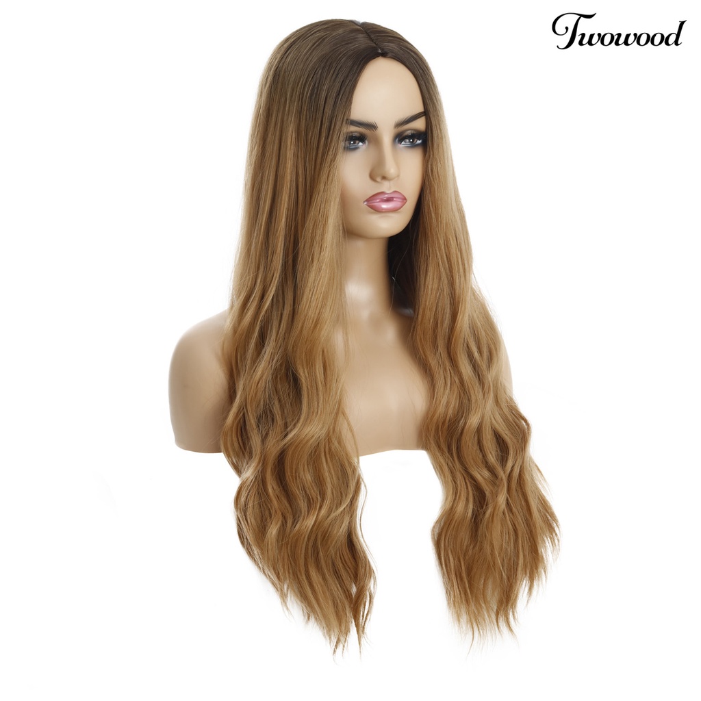 Twowood Wanita Gradiasi Warna Pusat Parting Panjang Keriting Wig Rambut Palsu Cosplay Sopak