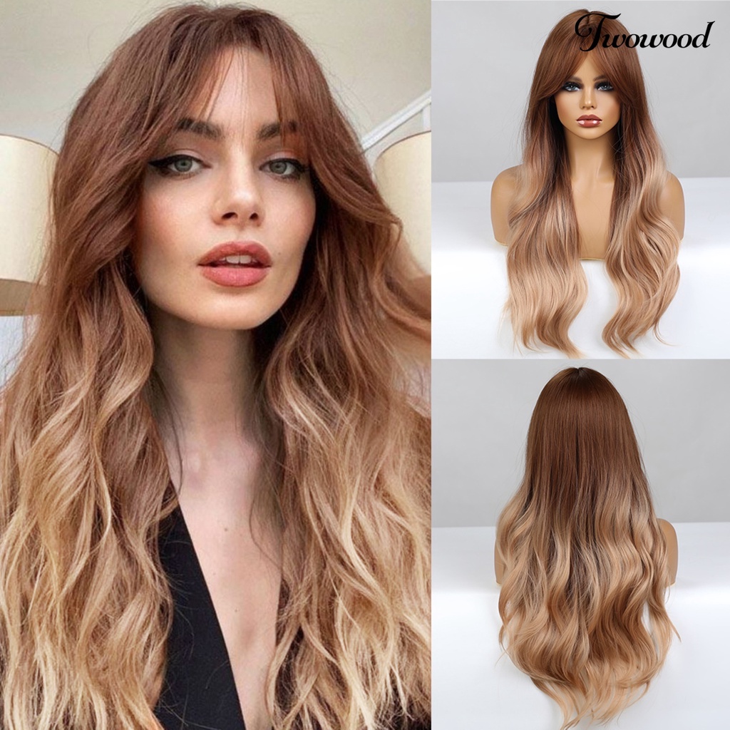 Twowood Wig Gelombang Panjang Efek Gradien Ekstensi Rambut Ringan Wanita Tahan Panas Wig Cosplay Serat Warna-Warni Untuk Perempuan