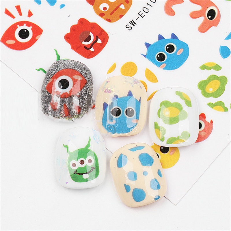 [Unggulan] 1lembar Kartun Lucu Kecil Monster Stiker Kuku Kawaii Mata Besar Transfer Air Kuku Stiker 3D Warna-Warni Perekat Diri Nail Art Slider Tape Manicure Dekorasi