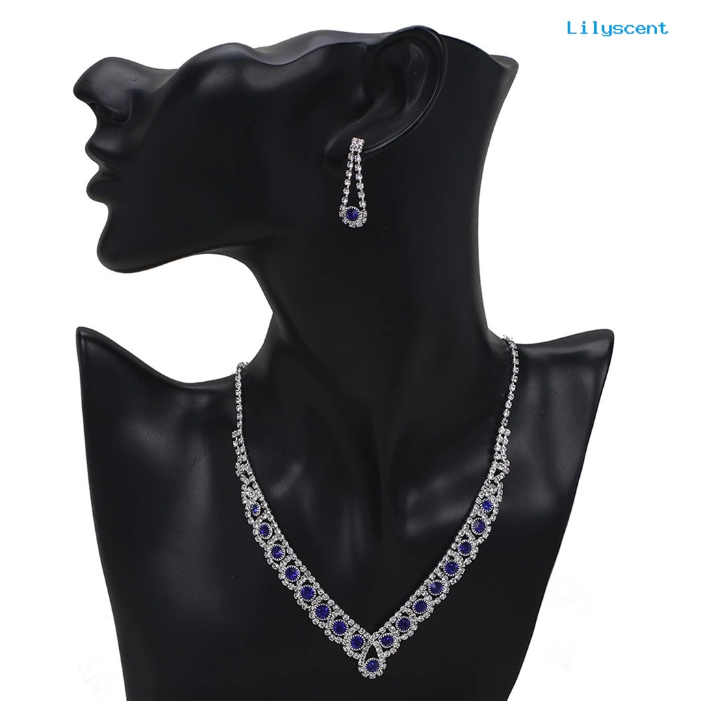 [LS]1 Set Kalung Pengantin Elegan Bling Biru Berlian Imitasi Wanita Kalung Tetesan Air Anting Kit Perhiasan Pernikahan