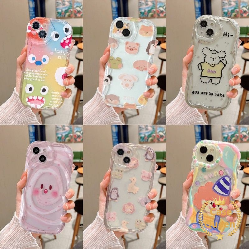 IPHONE Case Kartun Lucu Badut Hewan Kecil Beruang Bebek Babi Kelinci Kompatibel Untuk Iphone7 8 6 6S Plus 11 12 14 13 Pro MAX X XR XS MAX Se2020 3D Tepi Melengkung Bergelombang Lucu Smiley Couple Case