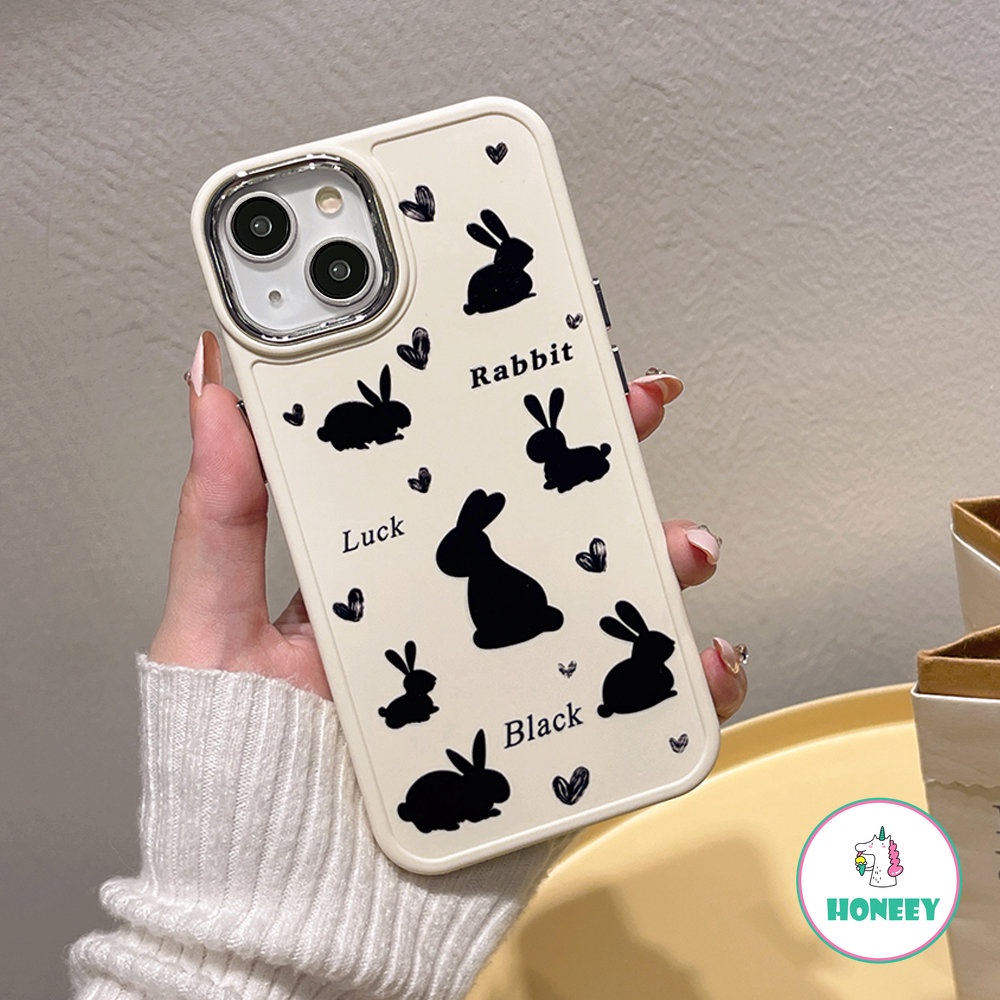 Casing Motif Love Rabbit Full Layar Gaya Untuk iPhone 11 Pro Max12 13 14 Pro Max7 8Plus Xr Xs Motif Hitam Sederhana Shockproof Back Cover