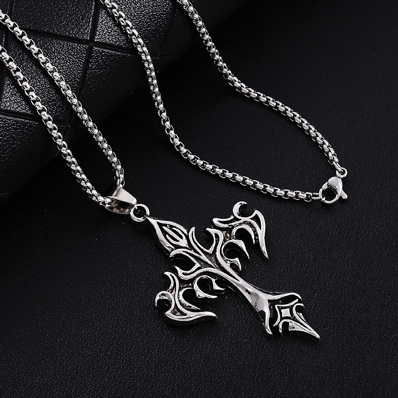 Fashion Vintage Flame Cross Pendant Kalung Untuk Wanita Pria Rantai Panjang Punk Goth Trendi Aksesoris Choker Gothic Perhiasan