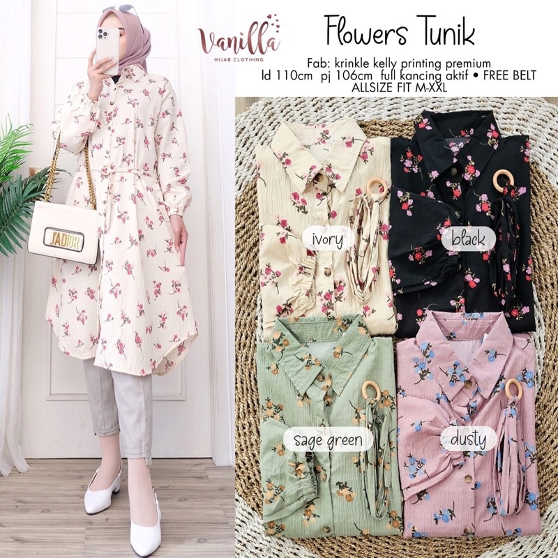 FLOWERS TUNIK ORI VANILLA | Crinkle kelly printing Premium