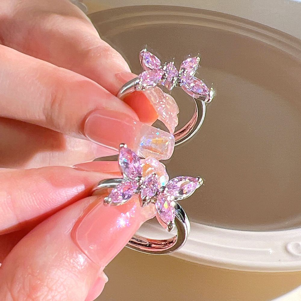 Merah Muda Kristal Zirkon Jantung Busur Terbuka Cincin Fashion Jari Telunjuk Rings