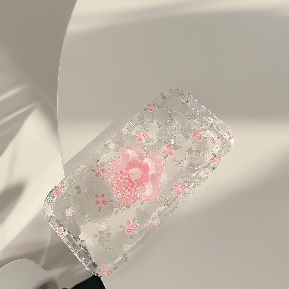 Musim Semi Bunga Pink Anti-Jatuh Perlindungan Penuh Transparan Ponsel Case Cover Dengan 3D Bunga Pasir Apung Holder Untuk Iphone 11 12 13 14 PLUS PRO MAX