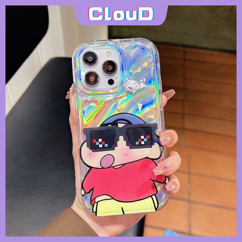 IPHONE Case Kompatibel Untuk Iphone11 14 12 13 Pro MAX Se2020 7Plus XR XS X Max6 6S 8plus Kacamata Hitam Keren Crayon Shin-Chan 3D Stereo Corrugation Mewah Kartu Laser Dazzle Warna Soft Case