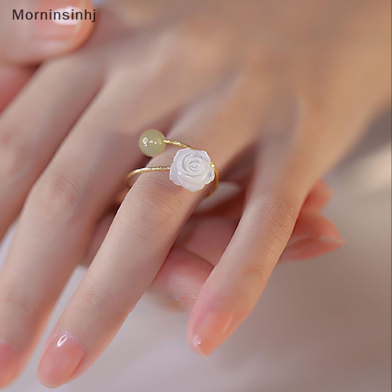 Mornin Vintage Fashion Hotan Jade White Rose Flower Open Rings Untuk Wanita Cincin Yang Dapat Disesuaikan Pesta Pernikahan Perhiasan Hadiah id