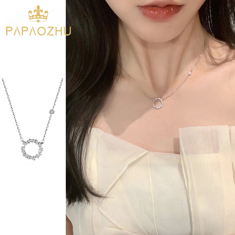 Papaozhu Korea Perak Bersinar Zirkon Berongga Bulat Liontin Kalung Untuk Wanita Perempuan Trendi Tulang Selangka Rantai Kalung Perhiasan Aksesoris