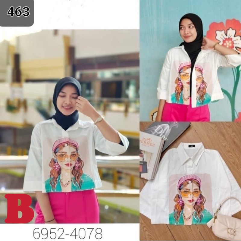 BEFAST - ZGW OOTD WANITA HEM REVI / Kemeja Bestie Crop Top / Pakaian Casual Wanita Remaja / Kemeja Crop Lengan 3/4 / OOTD Wanita Ala Korean Style / Hem Motif Lucu / Outfit Daily Wanita Hijab