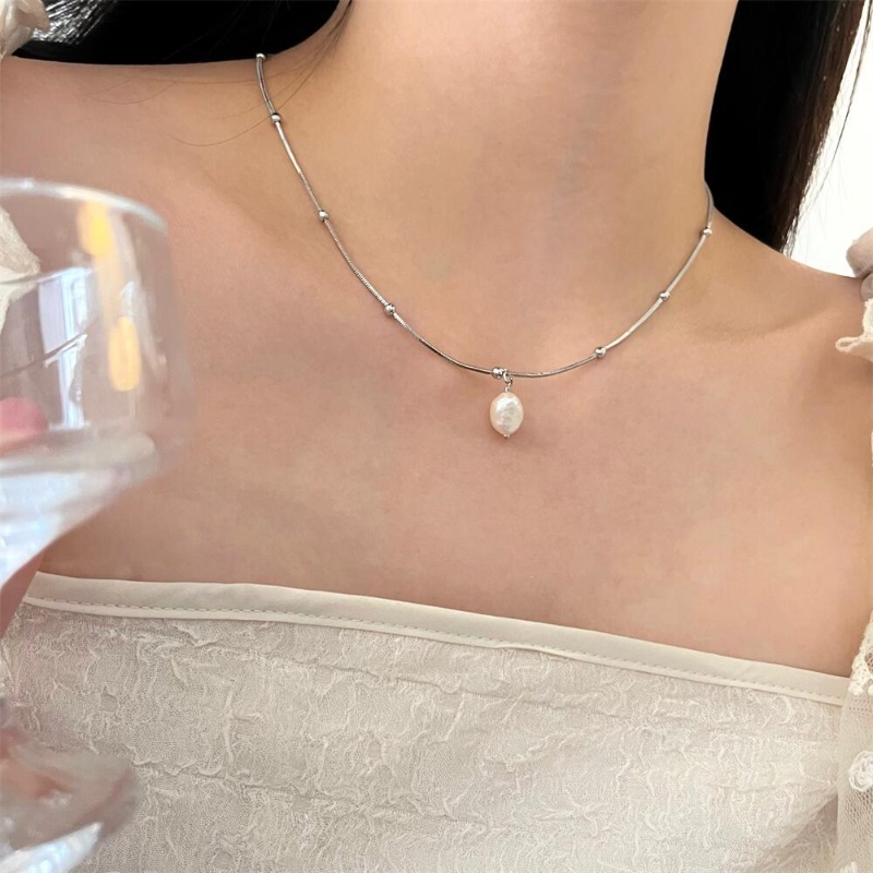 Roselife Vintage Baroque Perak Manik-Manik Rantai Besar Tidak Teratur Mutiara Liontin Kalung Untuk Wanita Gadis Elegan Tulang Selangka Rantai Kalung Perhiasan Aksesoris