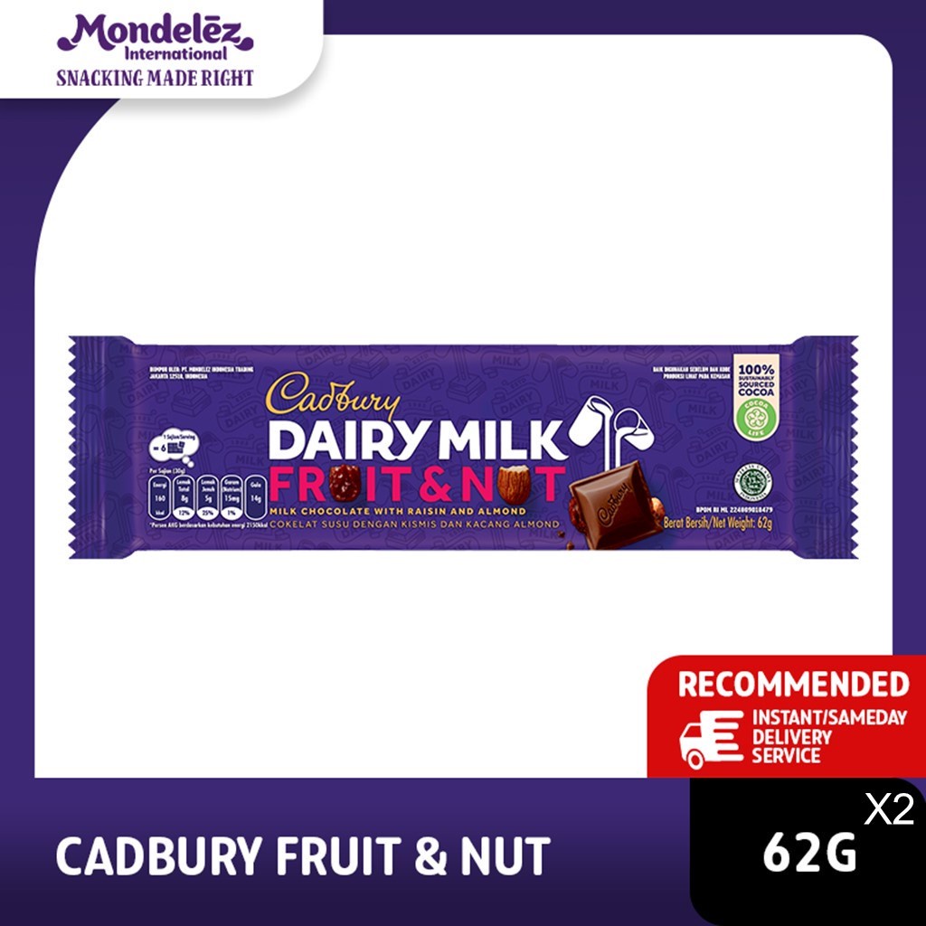 

Cadbury Dairy Milk Chocolate Fruit & Nut Regular 62g Untuk Camilan - twinpack