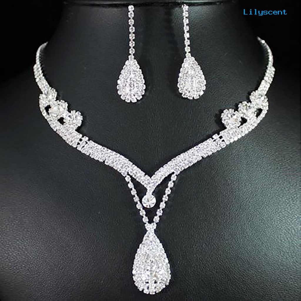 [LS] Water Drop Pendant Charming Indah Berlian Imitasi Berlian Imitasi Tetesan Air Kalung Anting Set Untuk Pesta Prom Pernikahan