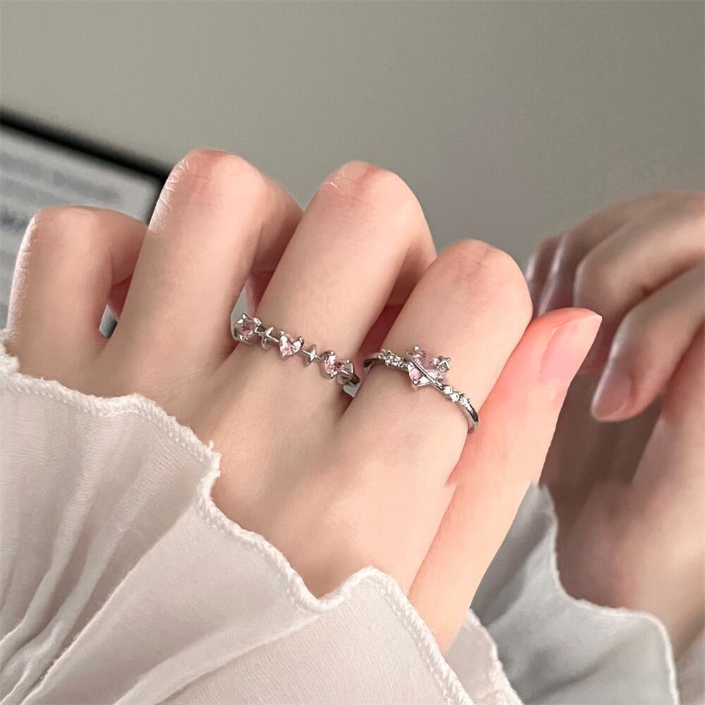 Cincin Cinta Berlian Merah Muda Yang Manis Dingin Dalam Kepribadian Fashion Korea Desain Orang Banyak Kecil Cincin Jari Telunjuk Zirkon Yang Indah Dingin Untuk Wanita Perhiasan Permen
