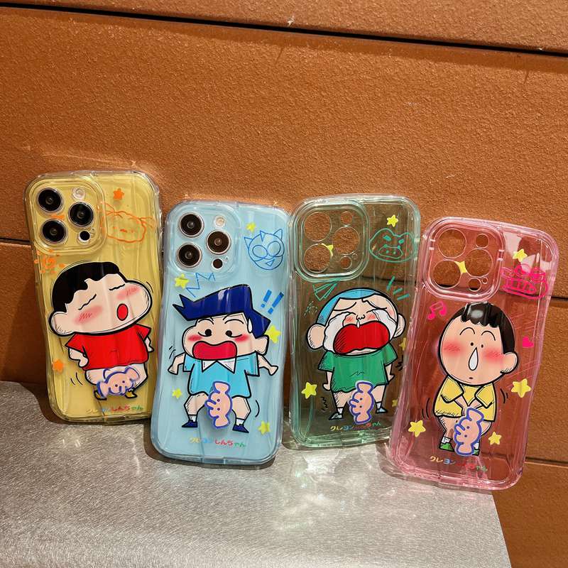 【Rotatable Toy】 Couple Crystal Wave So Cute Funny Crayon Shin-chan Airbag Soft Case for IPhone X XR XS Max 11 12 13 14 Pro Max 14 Plus Women Girl Lovely Elephant Cartoon