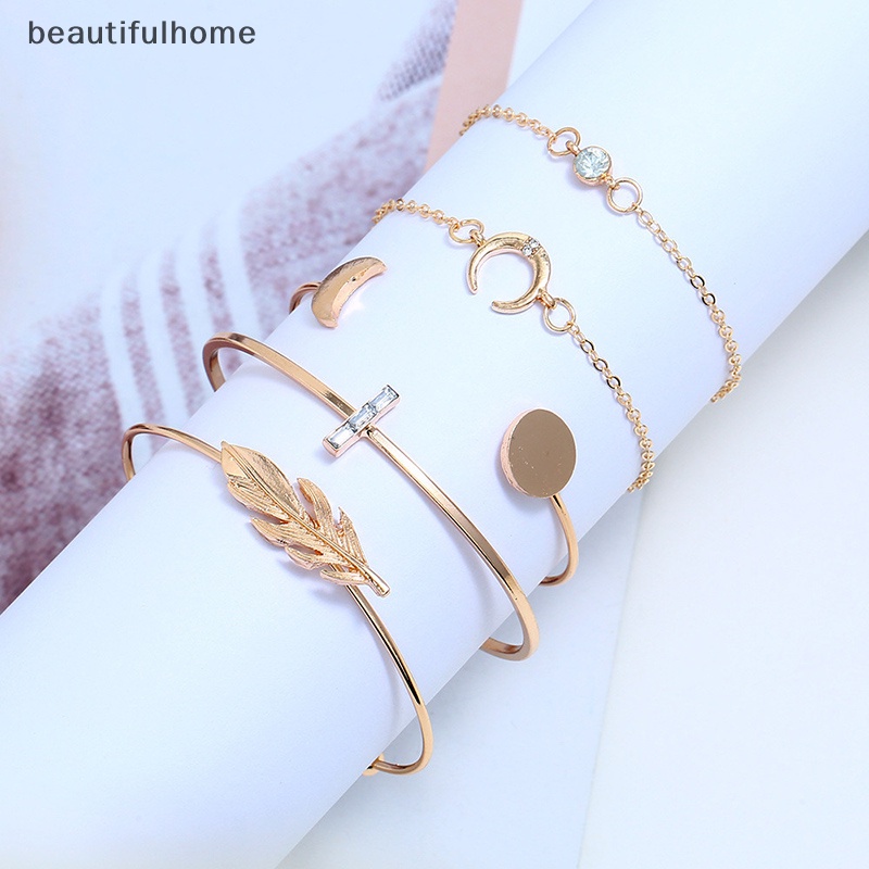 {beautifulhome} Berlian Imitasi Matahari Bulan Gelang Wanita Jumbai Daun Melingkar Rantai Bangle Perhiasan.