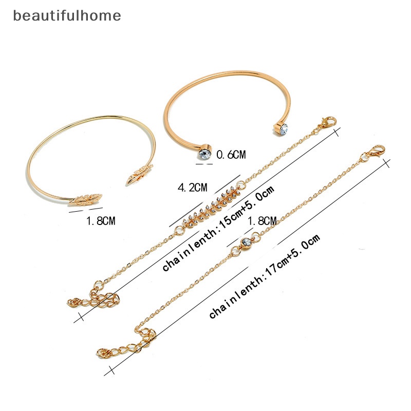 {beautifulhome} 4pcs /set Fashion Wanita Geometris Kristal Daun Gelang Adjustable Bangle Jewelry.