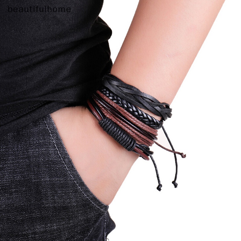 {beautifulhome} 4pcs Mens Handmade Kulit Braided Surfer Wristband Gelang Bangle Bungkus.