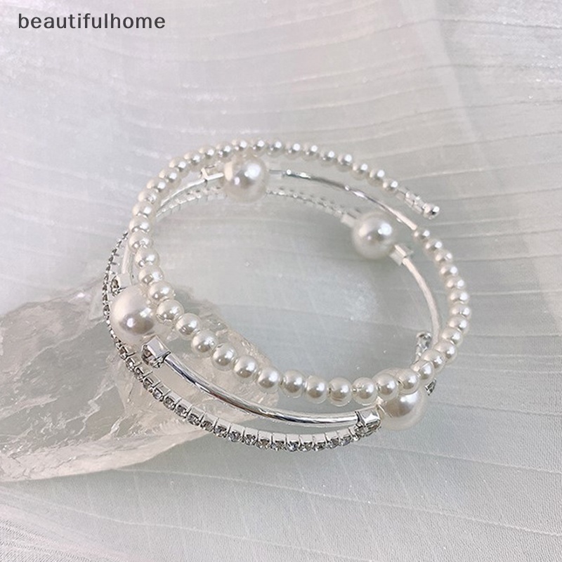 {beautifulhome} Gelang Mutiara Imitasi Kristal Multilayer Stretchable Pearl Bracelet Gelang Mutiara Untuk Wanita Hadiah Perhiasan Pengantin.