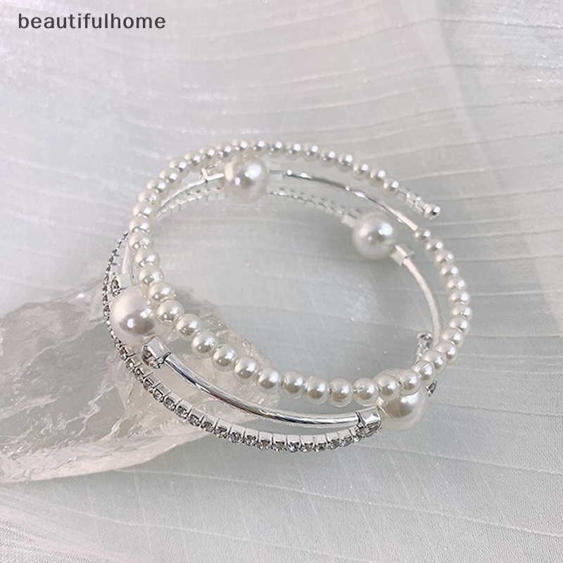 {beautifulhome} Gelang Mutiara Imitasi Kristal Multilayer Stretchable Pearl Bracelet Gelang Mutiara Untuk Wanita Hadiah Perhiasan Pengantin.