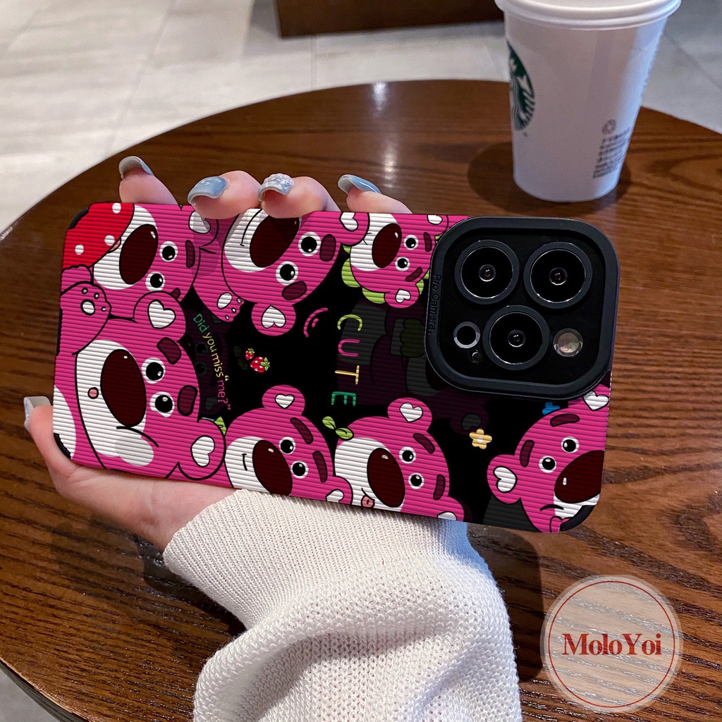 IPHONE Indah Mewah Tekstur Kulit Shockproof Phone Case Kompatibel Untuk Iphone12 Pro Max11 13 14 Plus XR X XS Max7 8 Plus Kartun Lucu Manyo Strawberry Bear Cover