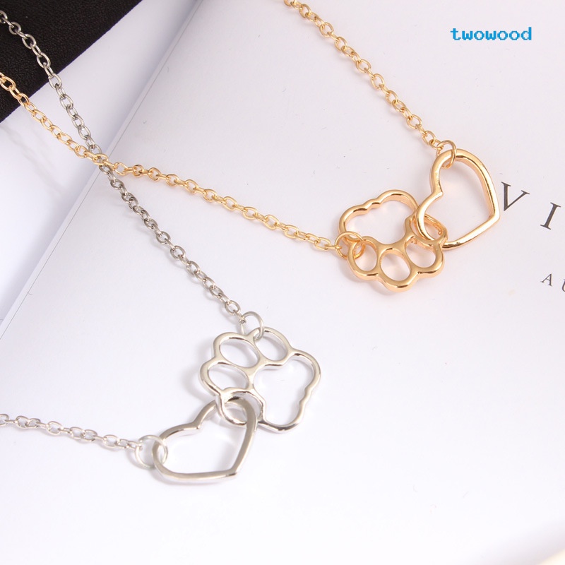 Twowood Kepribadian Fashion Hewan Berongga Jantung Anjing Paw Print Cat Paw Necklace Dog Foot Print Kalung Pendek