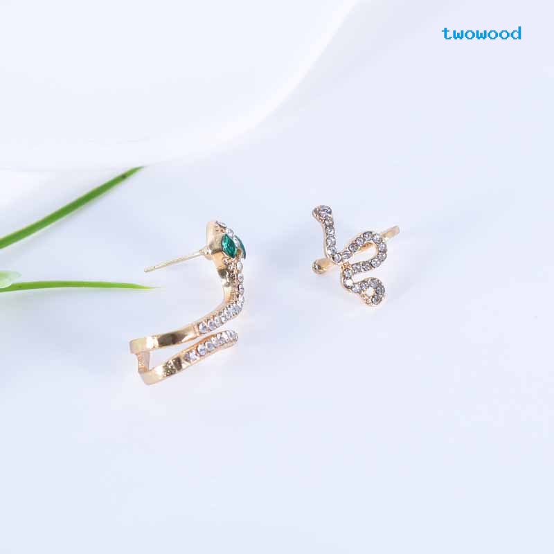 Twowood Trendi Tiga Dimensi Hewan Zirkon Emas Ular Anting Retro Telinga Manset Gaya Dingin Dibor Ular Giwang