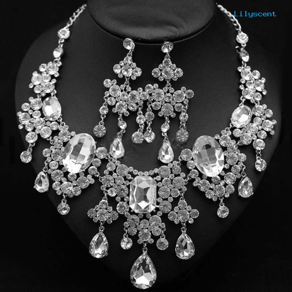 [LS]2Pcs/Set Shiny Full Rhinestone Tassel Bridal Statement Bib Kalung Anting