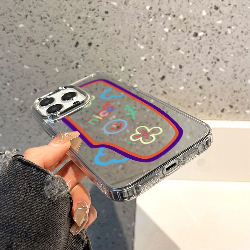 IPHONE Casing Ponsel Cermin Graffiti Kompatibel Untuk Iphone11 12 13 14 12Pro 13Pro 14Pro Pro Max XR X XS Max Electroplating Tombol Perlindungan Mirror Cover
